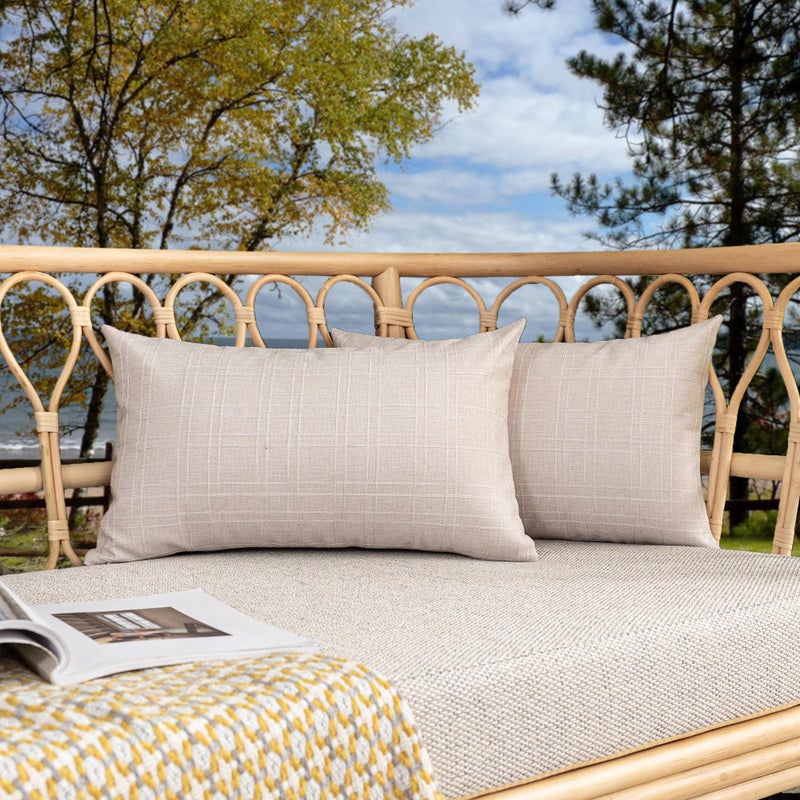 K KEVIN TEXTILE Kevin Textile Pack of 2 Outdoor Waterproof Throw Pillow Covers Decorative Square Outdoor Checkered Pillows Cushion Case Patio Pillows for Couch 12x20 inches 30x50 cm Light Beige - Image 1